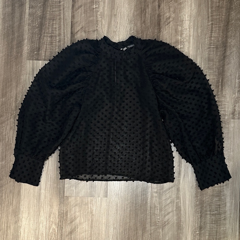 Zara Black Sheer Ruffled Long Sleeve Puff Sleeve Blouse - Medium